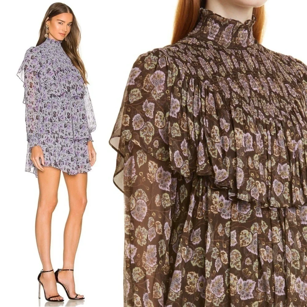NWT CINQ A SEPT Boho Floral Ruffle Puffed Long Sleeve Smocked High‎ Neck Dress 8